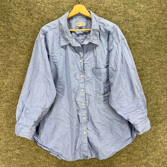 Ava & Viv Shirt Women 1X Plus Blue Button Up Collared Long Sleeve Cotton Pockets - Picture 1 of 7